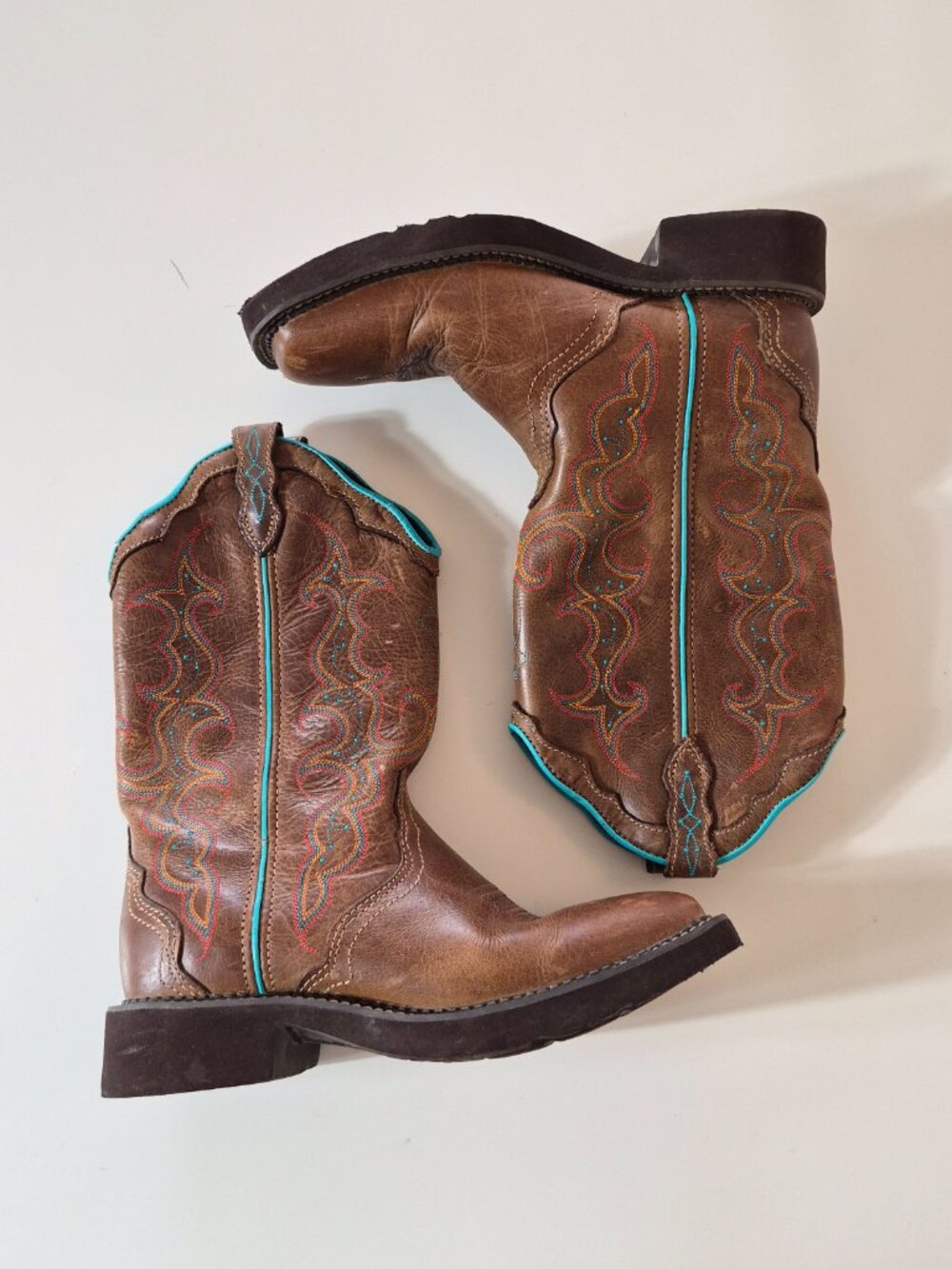 Brown Western Cowboy Boots with Turquoise Trim - Women